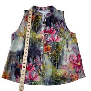 Watercolor Floral Sleeveless Button Down Blouse Mandarin Collar Fairycore Large